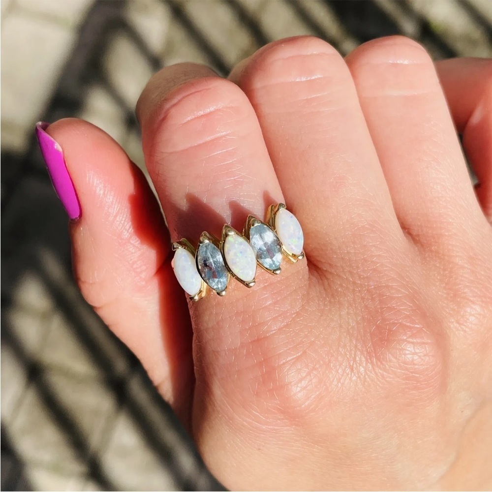 14K Gold Opal & Blue Topaz Marquise Cut Channel Ring - Picture 2 of 11